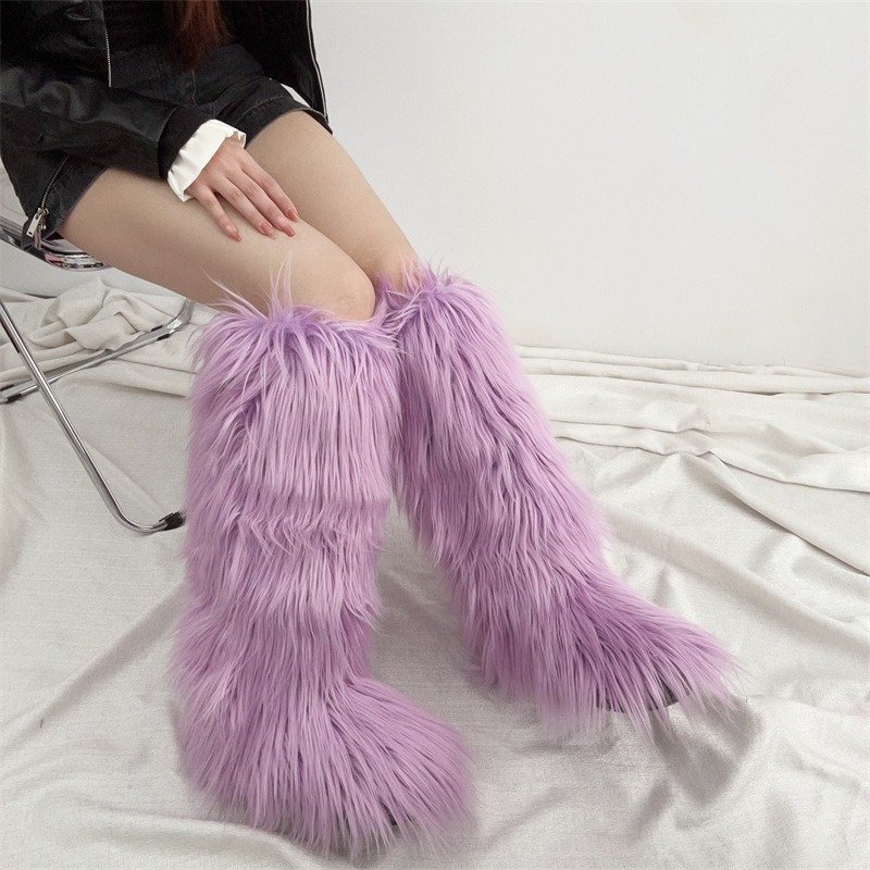 2024 Trendy Fluffy Footwear Women's Faux Fur Knee-High Boots Warm Fashion Long Plush Winter Snow Boots