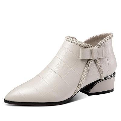 Pointed Toe Beige Square Heel Women Boots Fashion Butterfly-knot Ankle Boots Zipper PU Leather Rubber Zapatos Mujer