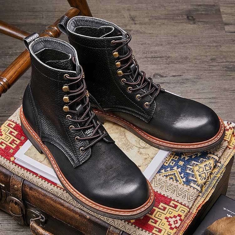 Fashion retro black breathable rubber sole paratrooper boots waterproof cowhide leather safety boots