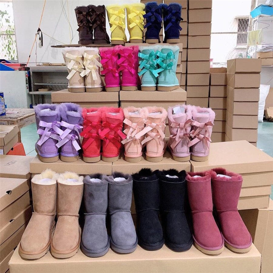 wholesale Customized Hot Selling Sheepskin Warm Women's Medium Boots Winter Lace-up Bow children Snow Boots Women's Snow Boots
