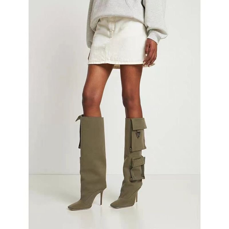 New Season Pockets Design Pointed Toe Thin Heel Square Toe Over The Knee Woman Denim Boots