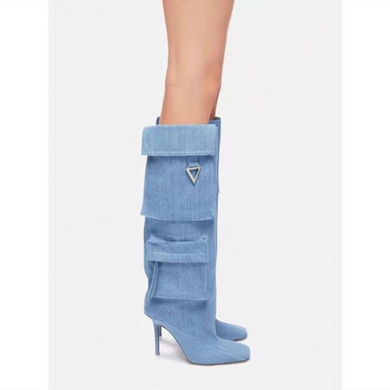 New Season Pockets Design Pointed Toe Thin Heel Square Toe Over The Knee Woman Denim Boots