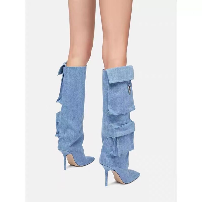 New Season Pockets Design Pointed Toe Thin Heel Square Toe Over The Knee Woman Denim Boots