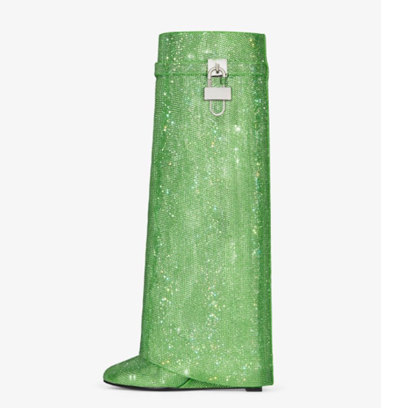 2024 New Round Head Wedge Buckle Heel Large Size Rhinestone Knee High Pants Tube Fashion Female Boots