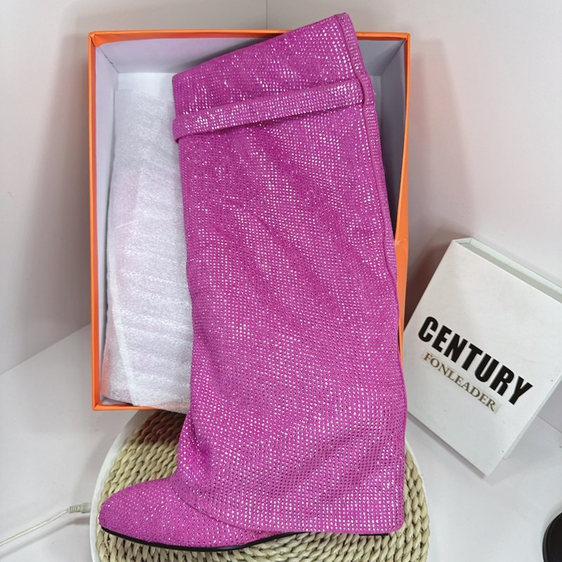 2024 New Round Head Wedge Buckle Heel Large Size Rhinestone Knee High Pants Tube Fashion Female Boots