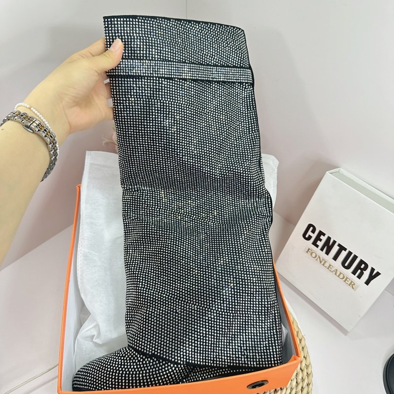 2024 New Round Head Wedge Buckle Heel Large Size Rhinestone Knee High Pants Tube Fashion Female Boots