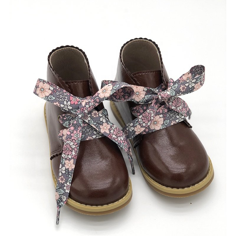 Vintage Brown Oil Wax Leather Floral Laces Unique Design oxford leather kids boots