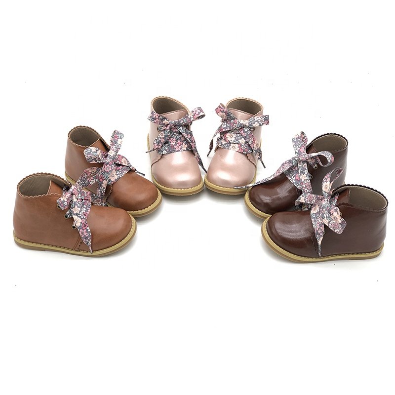 Vintage Brown Oil Wax Leather Floral Laces Unique Design oxford leather kids boots