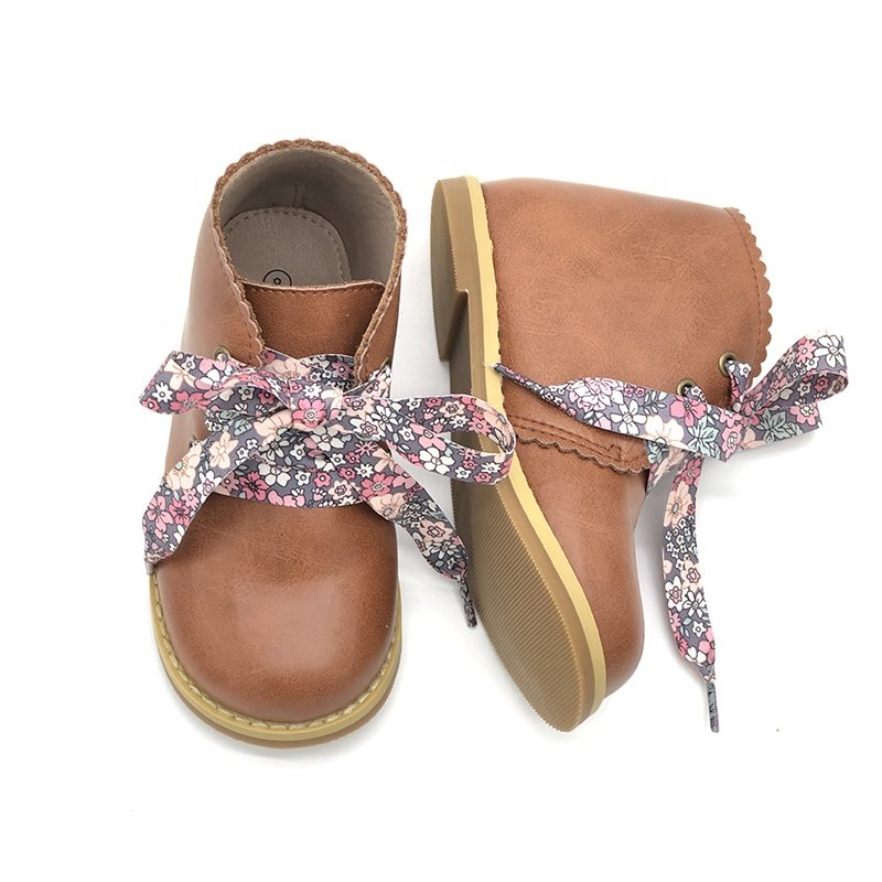 Vintage Brown Oil Wax Leather Floral Laces Unique Design oxford leather kids boots