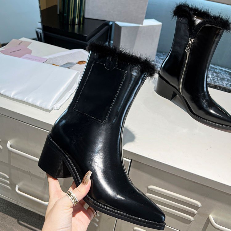 Manufacture good quality furry boots women chunky heel boots womens fashion boots Designer shoes
