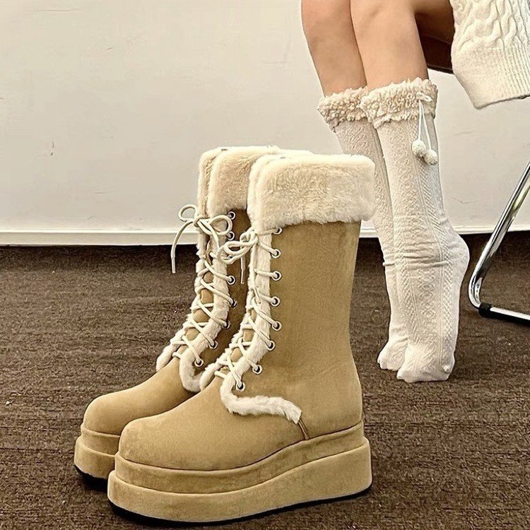 Wholesale Fashion Vintage Style Lace-Up Snow Boots For Ladies Knee High Warm Thick-soled Anti-Slip Women Snow Boots