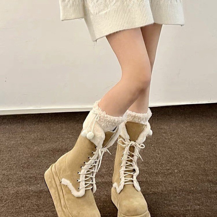 Wholesale Fashion Vintage Style Lace-Up Snow Boots For Ladies Knee High Warm Thick-soled Anti-Slip Women Snow Boots