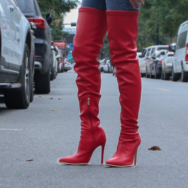 2024 Fashion New Lady Winter Leather Over Knee Solid Stiletto High Heel Long Boots Women Shoes PU Women Boots