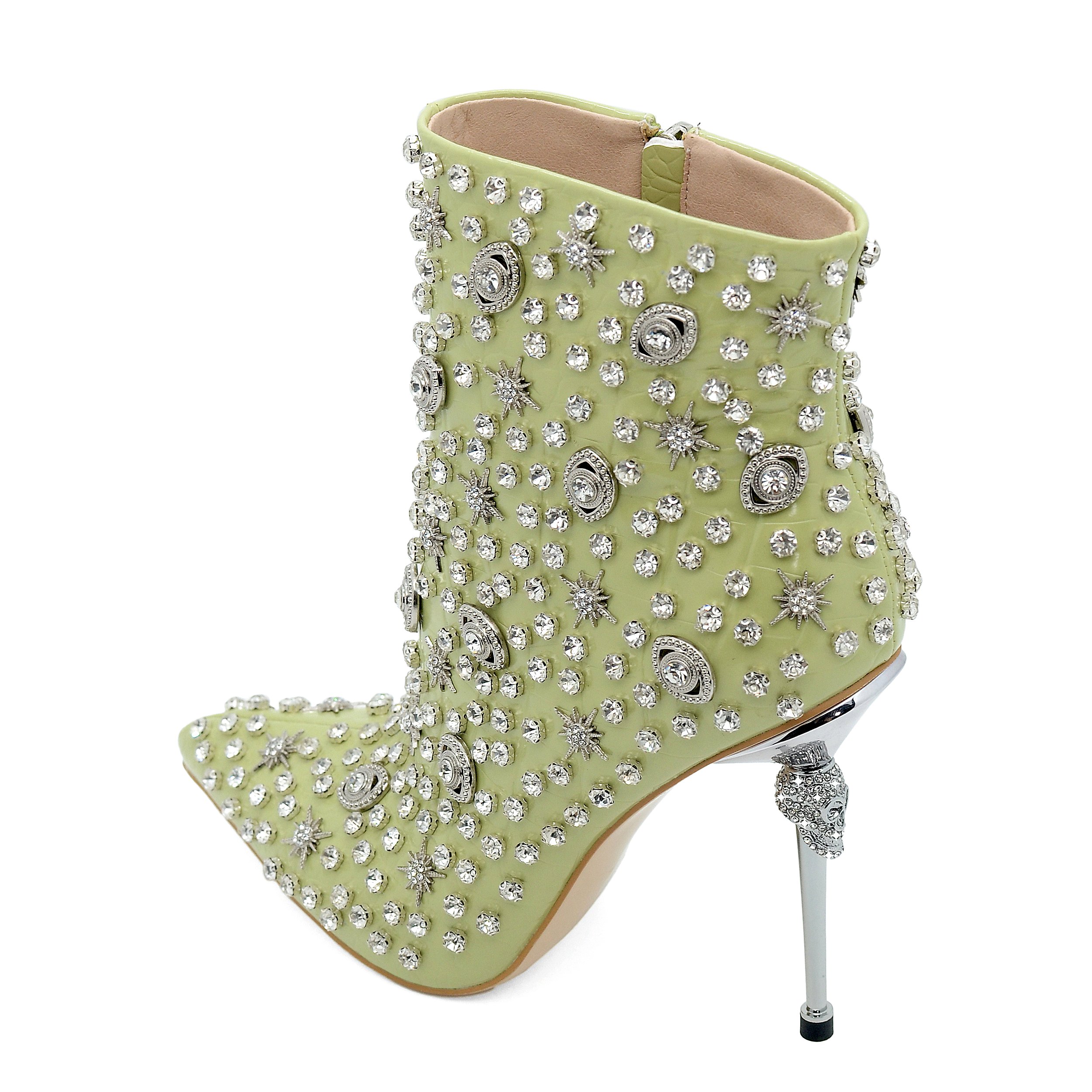 Custom Handmade Luxury boot for women Pointed Toe Ankle Boots Skull Heel Party Dresses High Heels Luxury Rhinestone Boots
