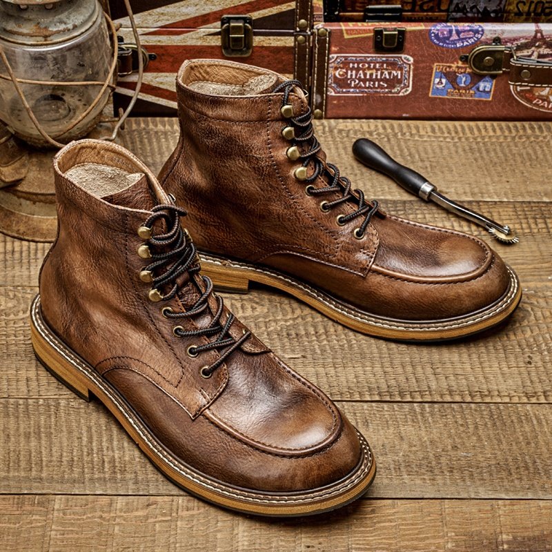 high ankle leather shoes for men first layer cowhide High-top men casual ankle Genuine leather boots