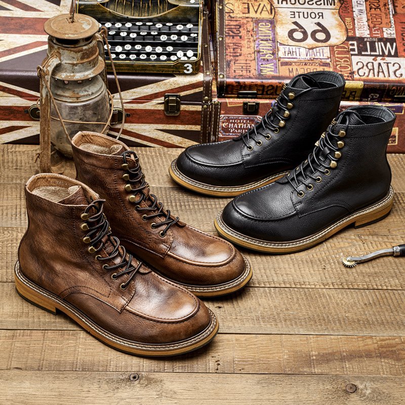 high ankle leather shoes for men first layer cowhide High-top men casual ankle Genuine leather boots