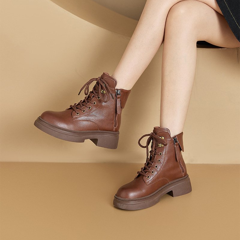 Women's Luxury Classic Mid Calf Winter Snow Boot Genuine Leather Ankle Boots with Wide Shaft Wedge Heel Zip Closure Flat Style