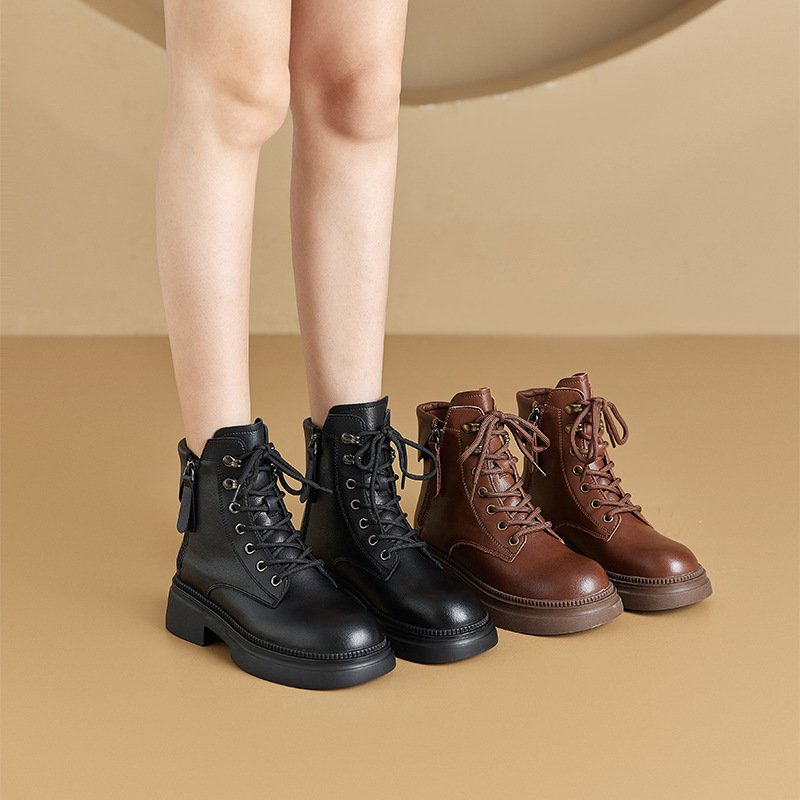 Women's Luxury Classic Mid Calf Winter Snow Boot Genuine Leather Ankle Boots with Wide Shaft Wedge Heel Zip Closure Flat Style