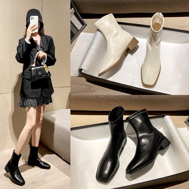 Hot Selling Fashion Square Toe Women Chunky Heel Short Boots Solid Color Back Zipper Boots