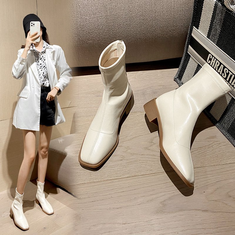 Hot Selling Fashion Square Toe Women Chunky Heel Short Boots Solid Color Back Zipper Boots