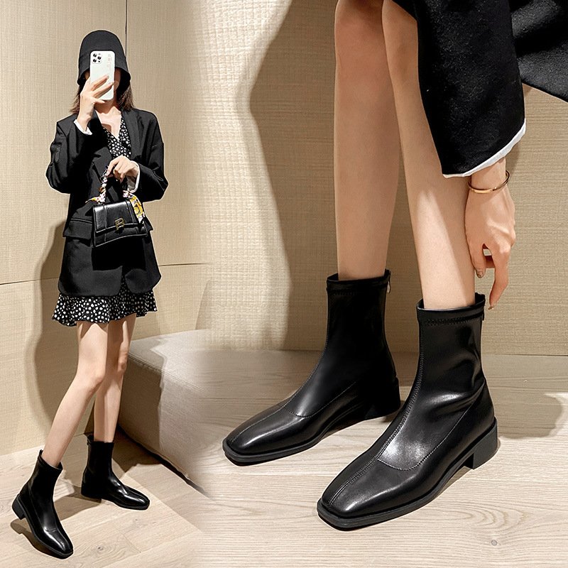 Hot Selling Fashion Square Toe Women Chunky Heel Short Boots Solid Color Back Zipper Boots