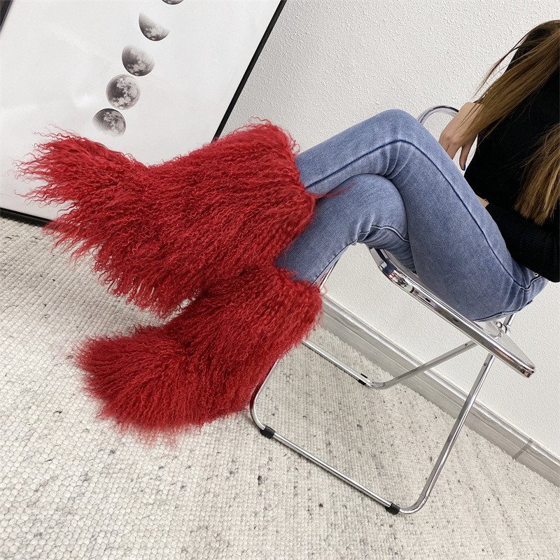Luxury fashion winter natural Mongolian fur tall shoes indoor outdoor fur snow boots for women