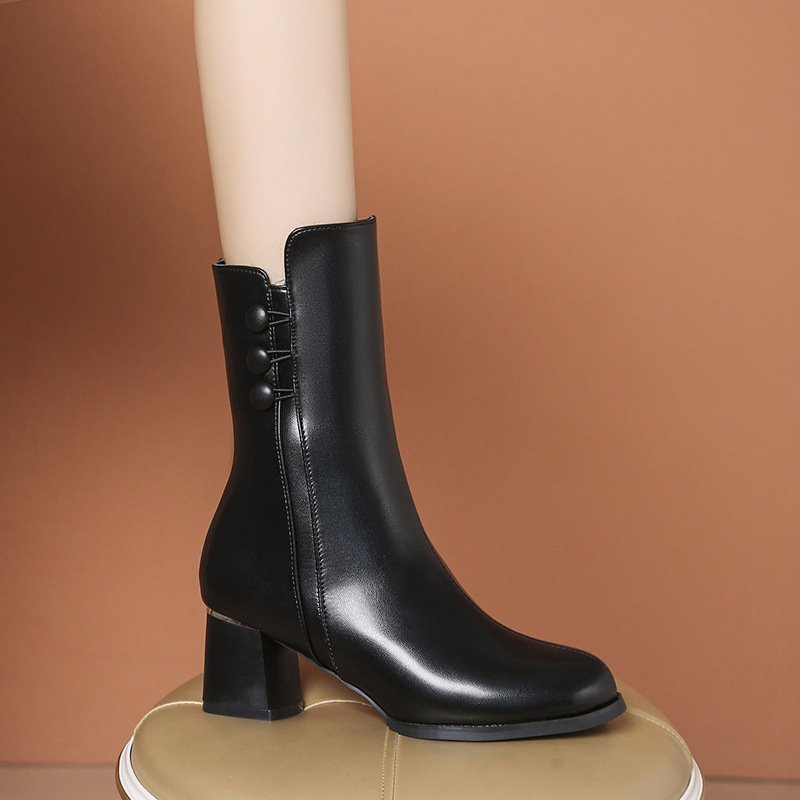 Winter New Women's Calf Boots High Heels Thick Heels Leather Boots Midsole Boots Side Zipper Women's Shoes