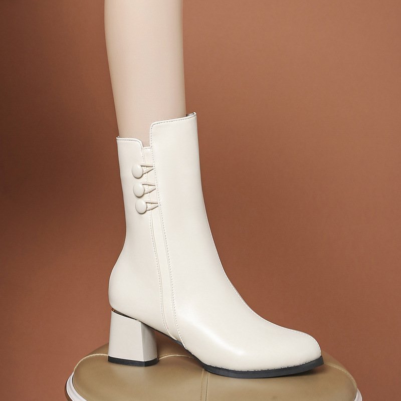 Winter New Women's Calf Boots High Heels Thick Heels Leather Boots Midsole Boots Side Zipper Women's Shoes