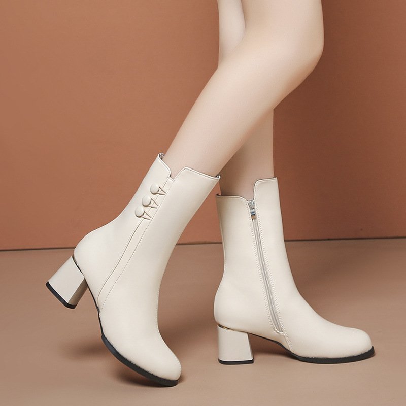 Winter New Women's Calf Boots High Heels Thick Heels Leather Boots Midsole Boots Side Zipper Women's Shoes