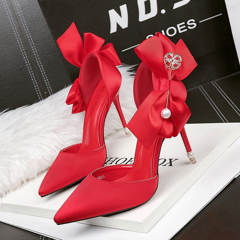 TOP Sell Fashion Pointed Toe Satin Heel Bow Sexy Pearl Stiletto Pumps Wedding Shoes For Bride