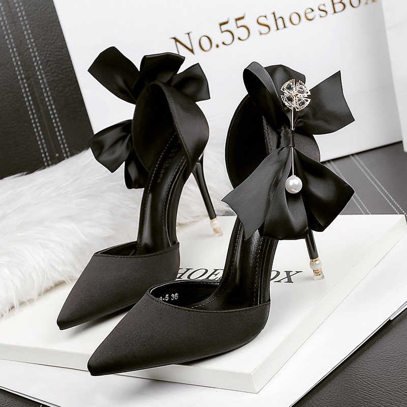 TOP Sell Fashion Pointed Toe Satin Heel Bow Sexy Pearl Stiletto Pumps Wedding Shoes For Bride