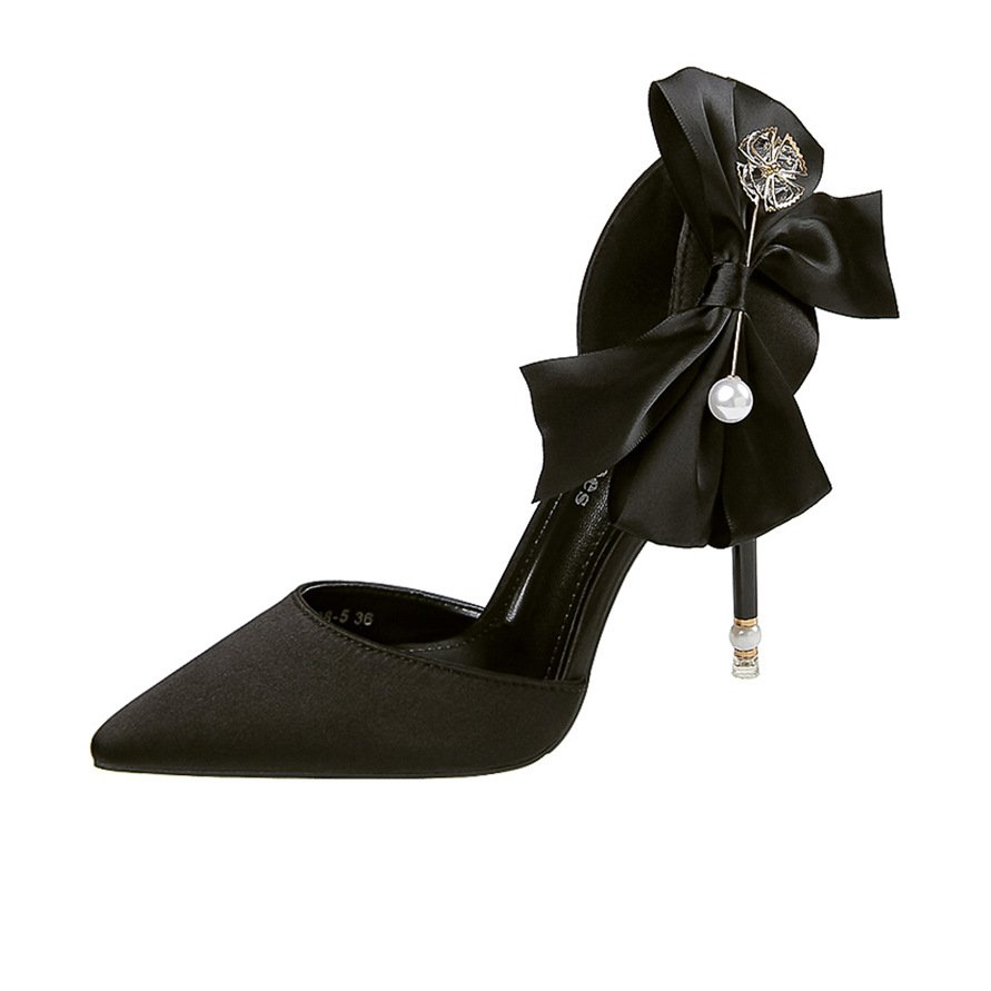 TOP Sell Fashion Pointed Toe Satin Heel Bow Sexy Pearl Stiletto Pumps Wedding Shoes For Bride