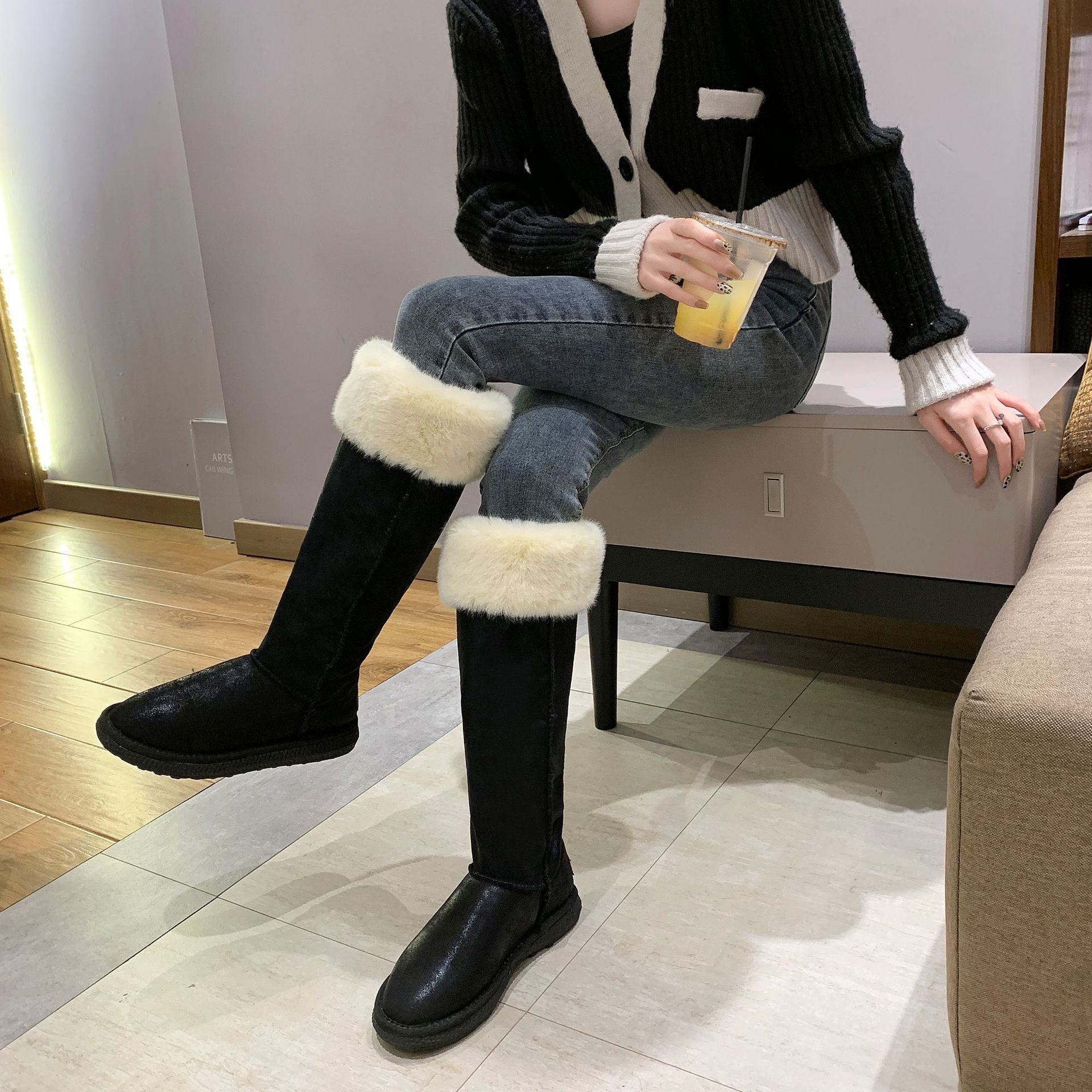 New Original Korea Style Winter Warm Fur Lining Anti-collision Knee-high Snow Boots For Women