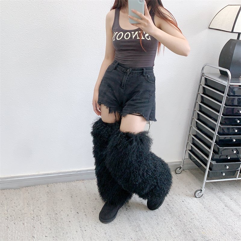 Knee Length Women Popular Fashion Design Furry Mongolian Fur Leg Warmers High Quality Ready to Ship Leg Warmers For Boots