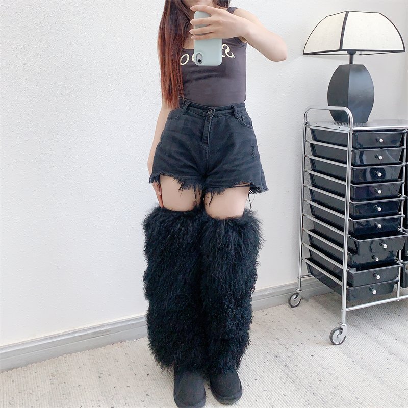 Knee Length Women Popular Fashion Design Furry Mongolian Fur Leg Warmers High Quality Ready to Ship Leg Warmers For Boots