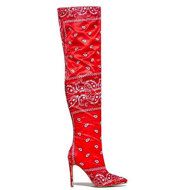 Women Sexy Silk Satin High Heel Thigh High Boots Painted Design Over The Knee High Boots