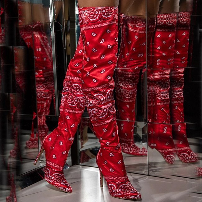 Women Sexy Silk Satin High Heel Thigh High Boots Painted Design Over The Knee High Boots