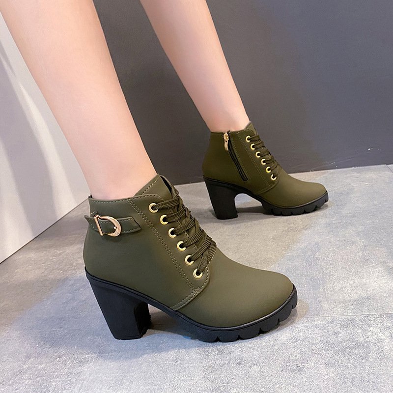 Factory Direct Selling Women's Metal Belt Buckle Chunky Heel High Heel Bootie Large Size Female Boots