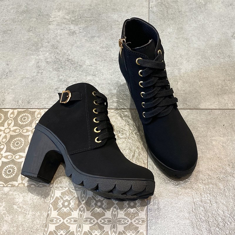 Factory Direct Selling Women's Metal Belt Buckle Chunky Heel High Heel Bootie Large Size Female Boots
