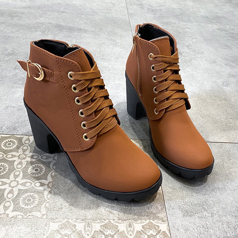 Factory Direct Selling Women's Metal Belt Buckle Chunky Heel High Heel Bootie Large Size Female Boots
