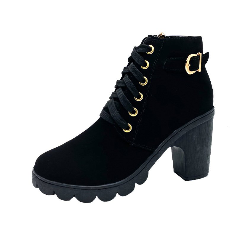 Factory Direct Selling Women's Metal Belt Buckle Chunky Heel High Heel Bootie Large Size Female Boots