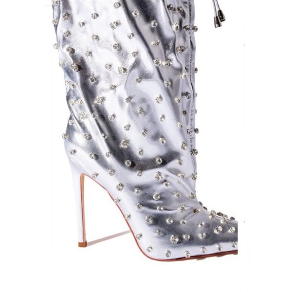 Sexy Women Metallic Vegan Leather Embellished Metallic Bootie Ladies Pointed Toe Adjustable Toggle Rhinestone High Heel Boots