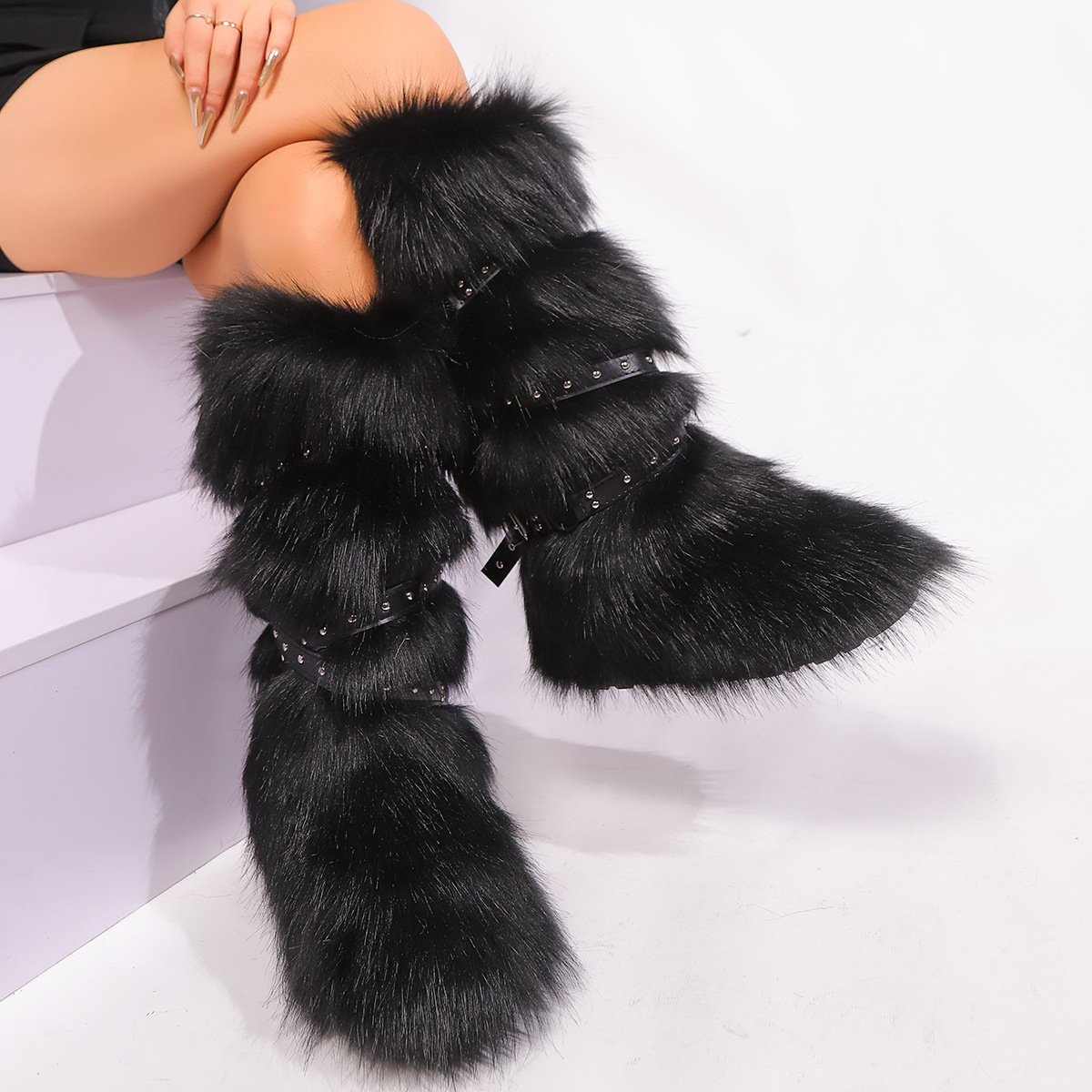 2024 new warm women's casual shoes snow boots Y2K hot girl sexy high top snow boots cross belt buckle faux fur long boots