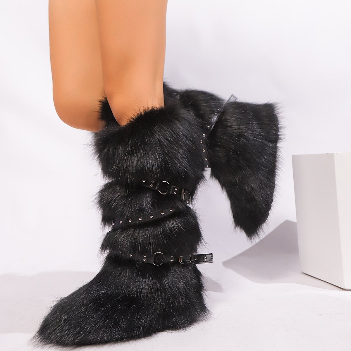 2024 new warm women's casual shoes snow boots Y2K hot girl sexy high top snow boots cross belt buckle faux fur long boots