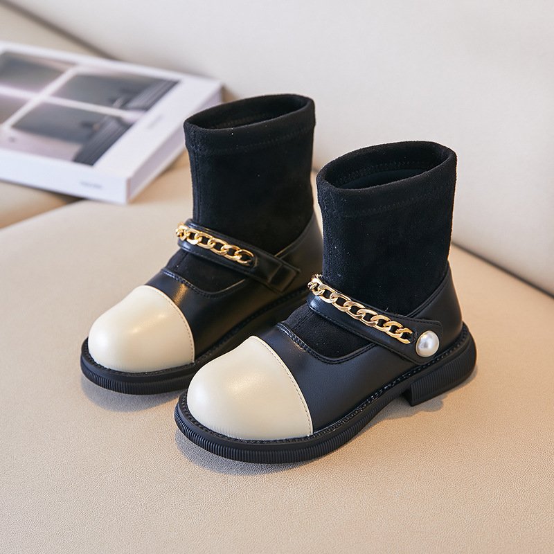 Wholesale Girls' Spring and Autumn Martin Boots Black Children's Princess Short Boots Girls' Fashion Knitted Socks and Shoes