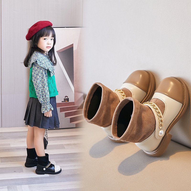 Wholesale Girls' Spring and Autumn Martin Boots Black Children's Princess Short Boots Girls' Fashion Knitted Socks and Shoes
