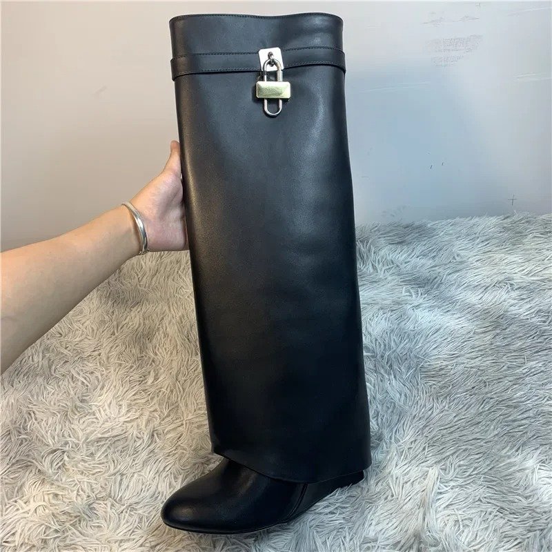 Shark Lock leather knee-high boots lock hardware folded over almond toe Studs Slip-on Motorcycle Wedge Shoes Knee High Boots