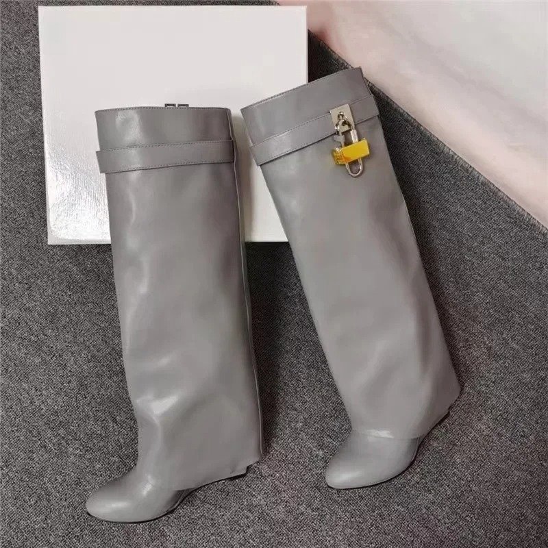 Shark Lock leather knee-high boots lock hardware folded over almond toe Studs Slip-on Motorcycle Wedge Shoes Knee High Boots