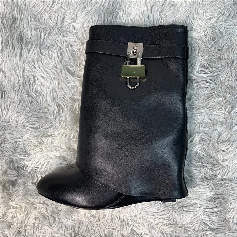 Shark Lock leather knee-high boots lock hardware folded over almond toe Studs Slip-on Motorcycle Wedge Shoes Knee High Boots