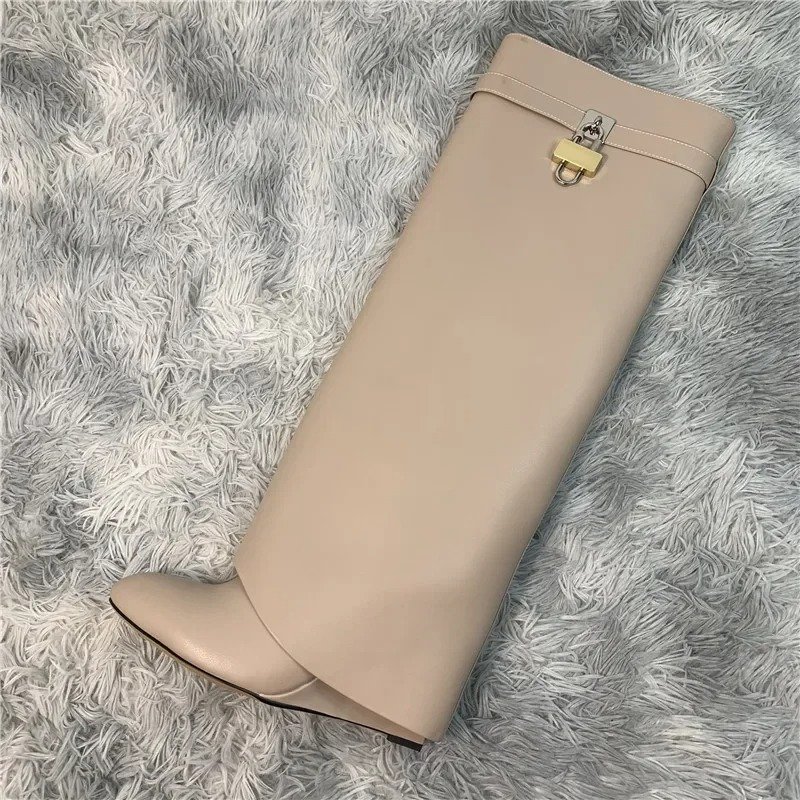Shark Lock leather knee-high boots lock hardware folded over almond toe Studs Slip-on Motorcycle Wedge Shoes Knee High Boots